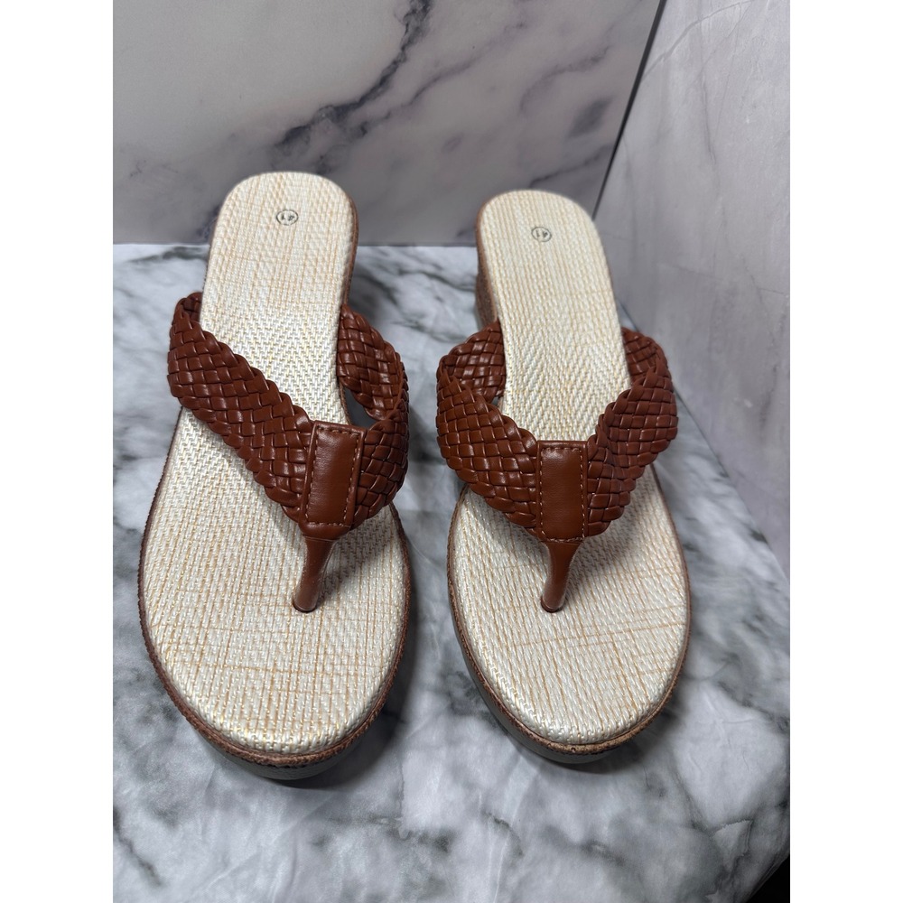 Woven Braided Strap Wedge Sandals Brown Cream Boho Platform Thong Size 41 NEW